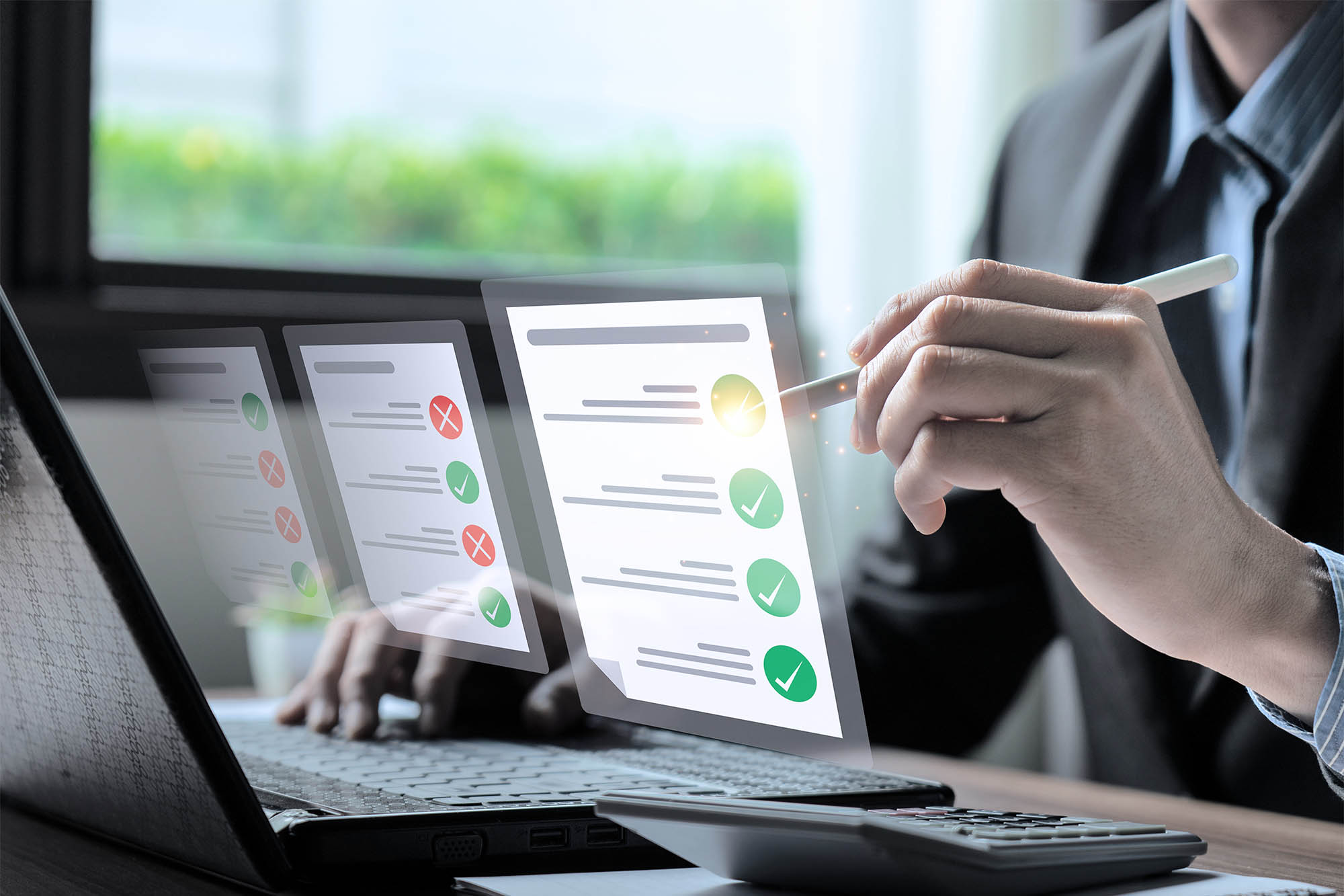 Business performance checklist, businessman using laptop doing online checklist survey, Check marks on checklist and Filling online form or answering questions. evaluation, online survey, online exam.