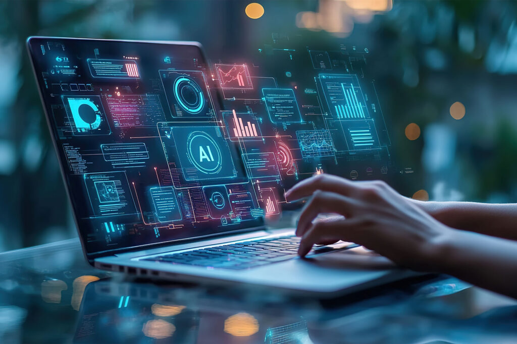 A business professional using an AI-powered chatbot on their laptop, with digital graphics showing various icons representing different marketing services like web design and content creation. The word "AI" is prominently displayed in the background along with other tech symbols. This visual representation depicts how artificial intelligence can be used to create a horror atmosphere, with moody, cinematic lighting from above and daylight. --chaos 10 --ar 8:5 --quality 2 --stylize 250 --v 6.1 Job ID: 995d2b2a-4fcd-4f33-8082-f2774475e7b1