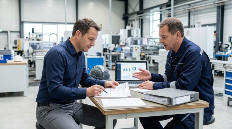Umwelt-Auditor und Betriebsleiter prüfen Checklisten und Energiedaten für die ISO 14001 Zertifizierung