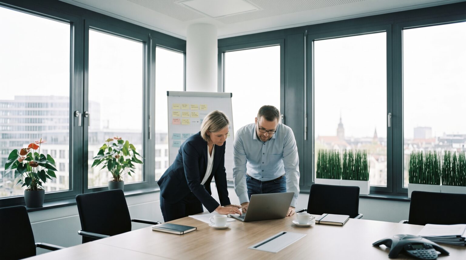 Führungskraft und IT-Verantwortliche prüfen gemeinsam eine Informationssicherheitsleitlinie in einem modernen Besprechungsraum.