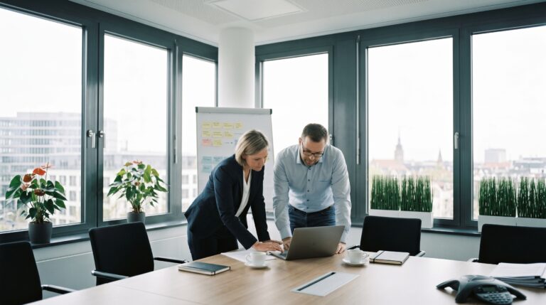 Führungskraft und IT-Verantwortliche prüfen gemeinsam eine Informationssicherheitsleitlinie in einem modernen Besprechungsraum.